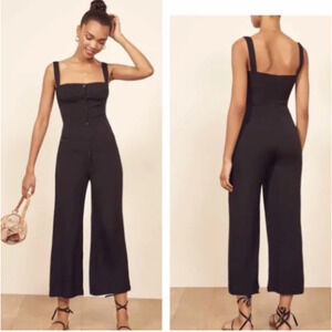 Reformation Della Black Crepe Button Down Crop Wide Leg Jumpsuit Size 4